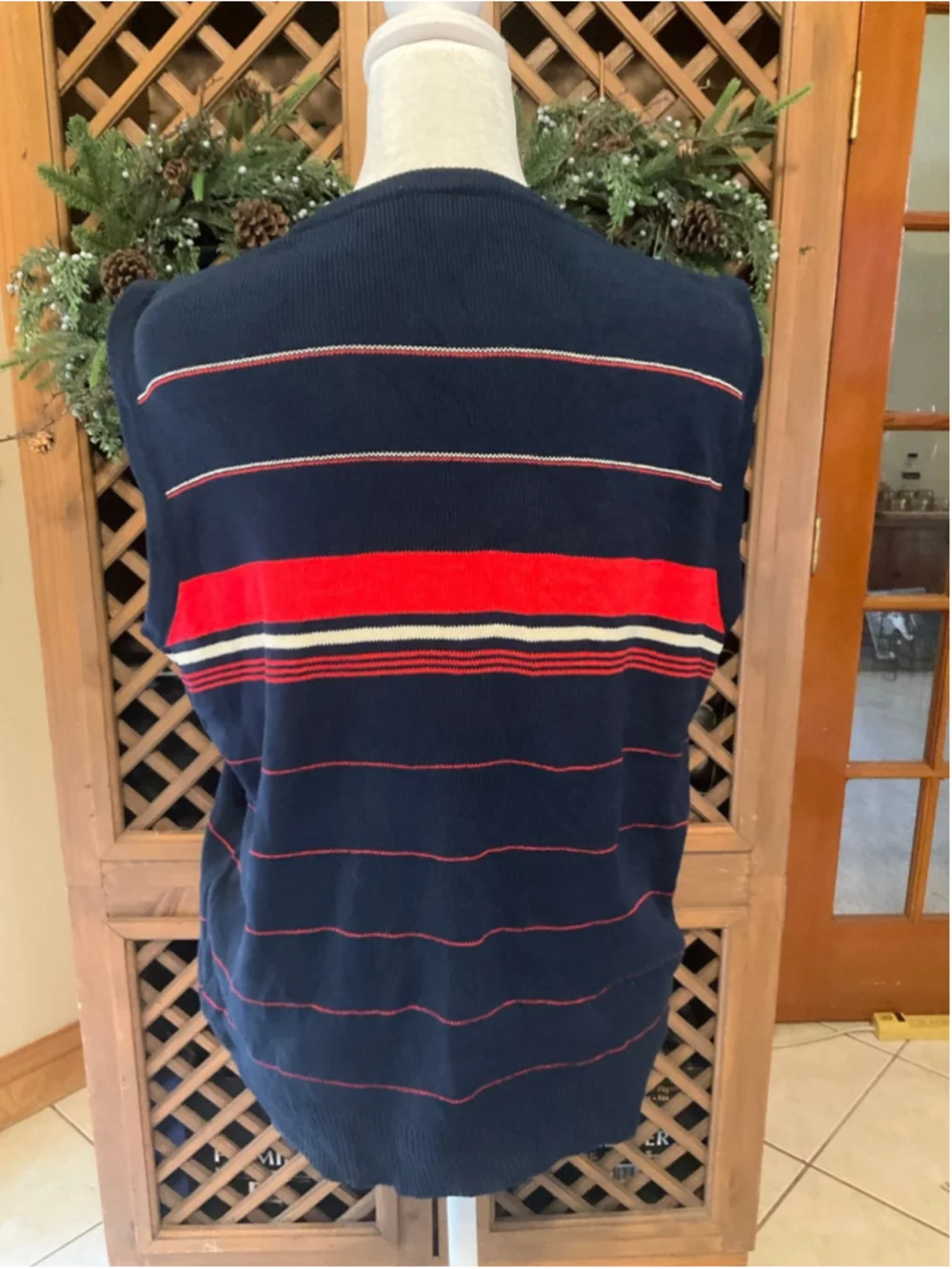 Vintage BHS Medium Navy Red Striped Sweater Vest Preppy Retro